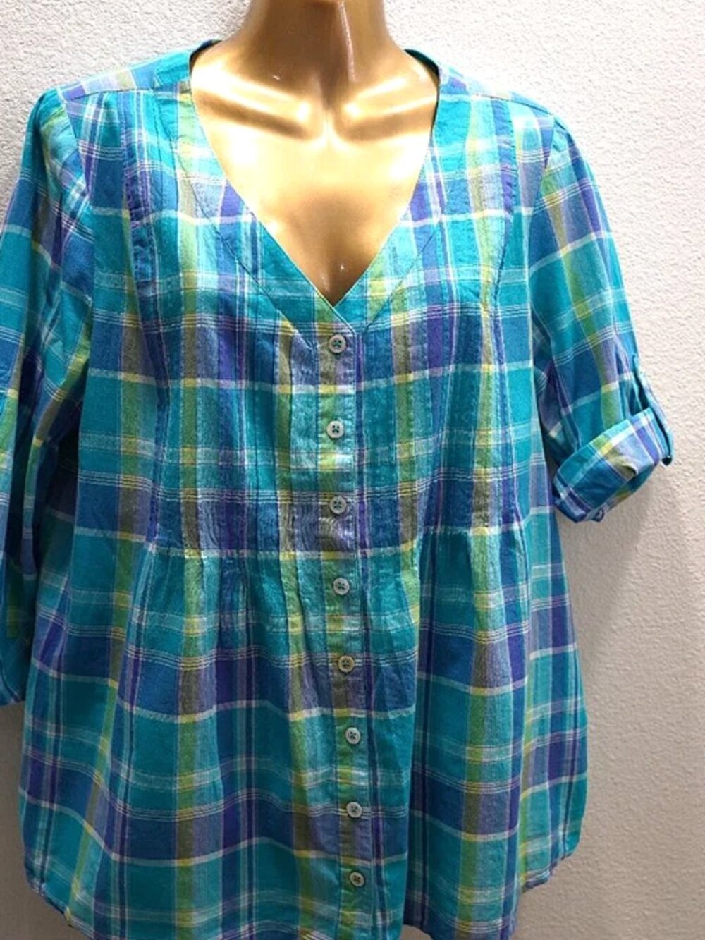 J. Jill V Neck Pleated Front Shirt Roll Tab Sleeves Blue Plaid MP